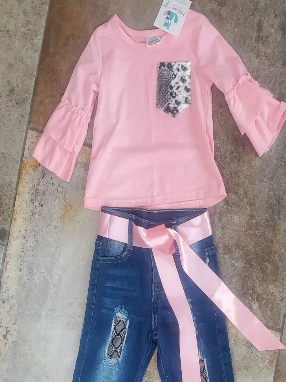 Delilica Boutique Toddler Girl Pink Ruffle Faux Snake Denim Set